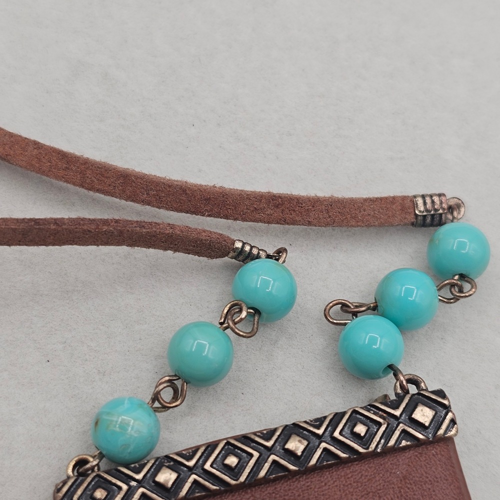 Brown Leather Blue Stone Pendant Necklace Metal Fringe Boho Tribal Southwest - Picture 8 of 13